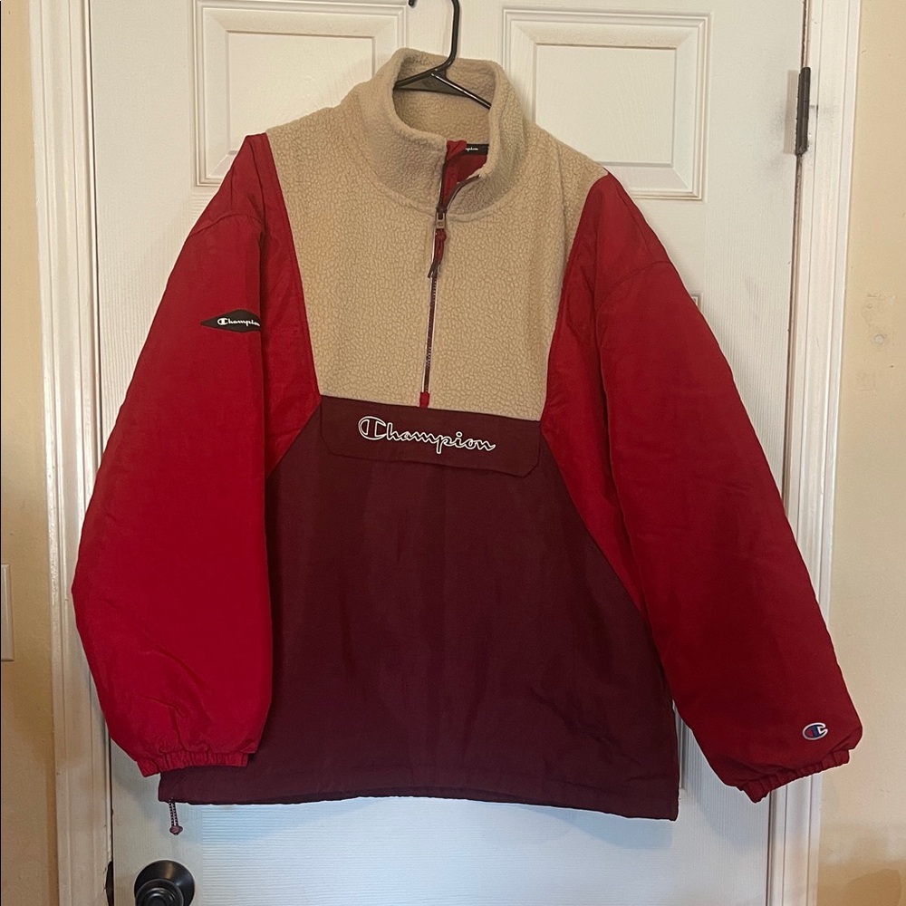 Champion Stadium Sherpa 1/2 Zip Anorak Red and Tan Jacket